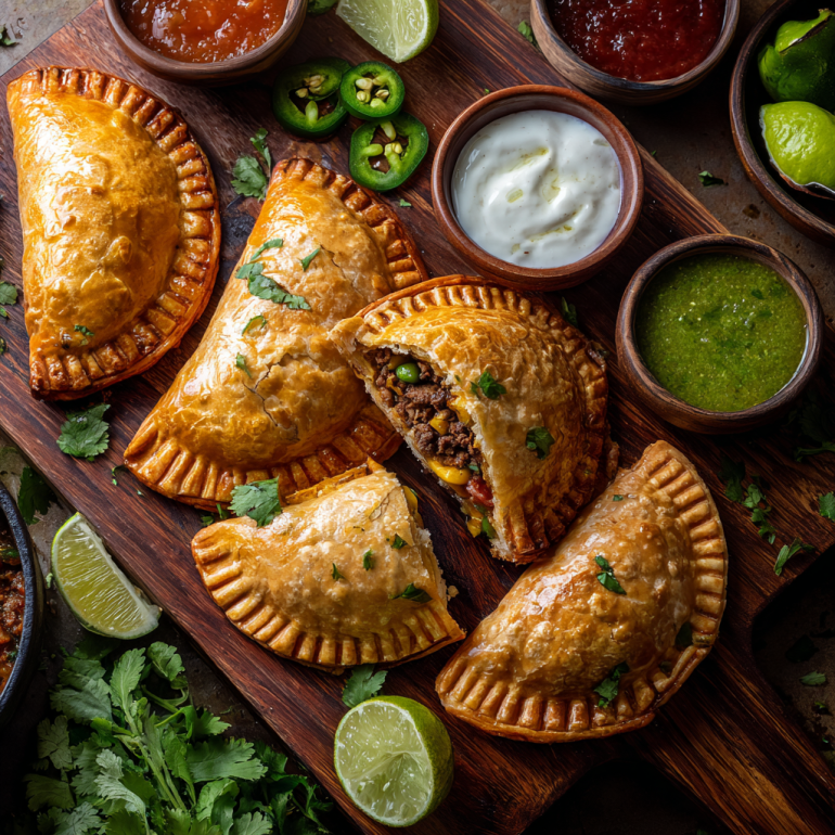 Golden brown air fryer empanadas with flaky crust on wooden board with Latin American sauces