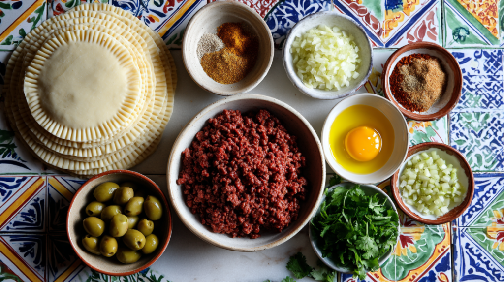 Air fryer empanada ingredients including empanada discs, seasoned beef, sazón, and Latin seasonings