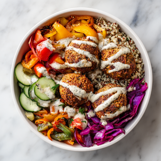 Modern grain bowl with air fryer falafel, quinoa, and Mediterranean vegetables