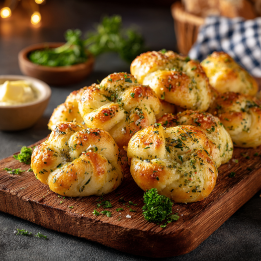 Golden brown air fryer garlic knots with garlic butter glaze on rustic wooden board
