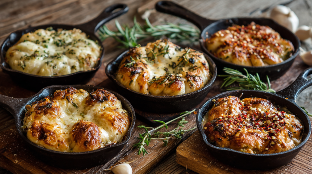 Five different flavor variations for air fryer garlic knots including herbs, cheese, and spicy options