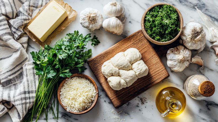 Air fryer garlic knots ingredients including biscuit dough, garlic, butter, parsley, and parmesan