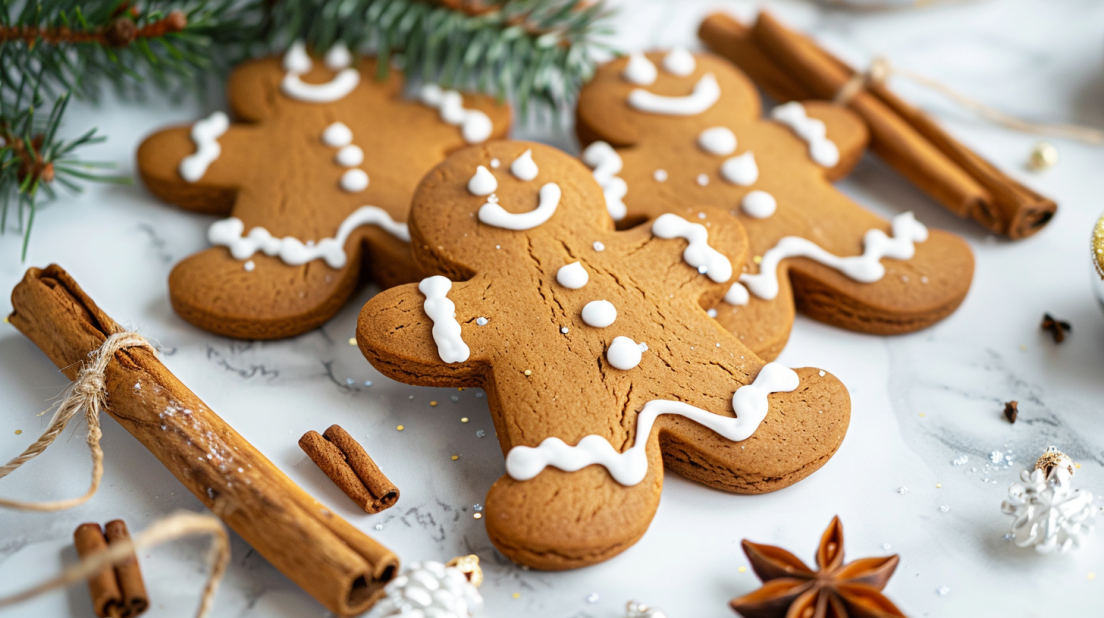 Traditional air fryer gingerbread cookies decorated with white royal icing arranged on marble surface with Christmas spices and styling