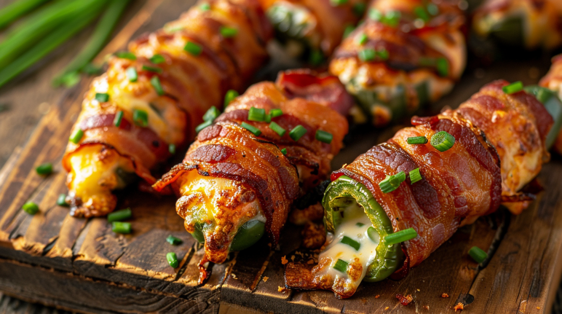 Golden crispy air fryer jalapeño poppers with bacon wrap and creamy cheese filling