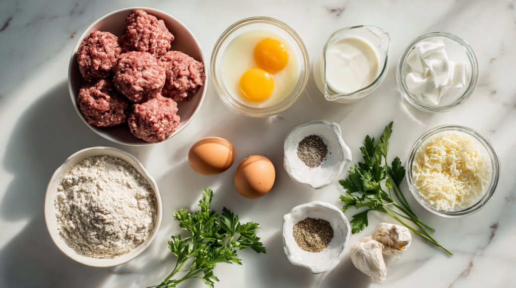 Air fryer meatball ingredients including ground beef, pork, breadcrumbs, and seasonings laid out
