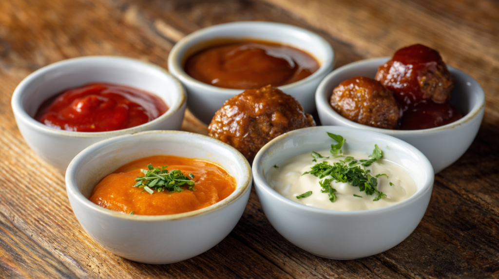 Five different sauce options for air fryer meatballs including marinara, buffalo, and BBQ