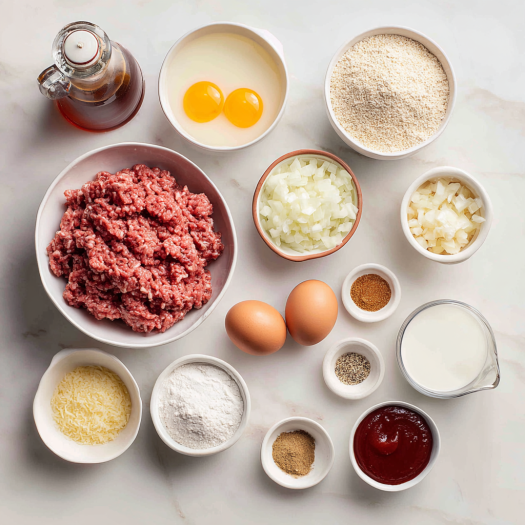 Complete ingredient layout for air fryer meatloaf including ground beef and glaze components
