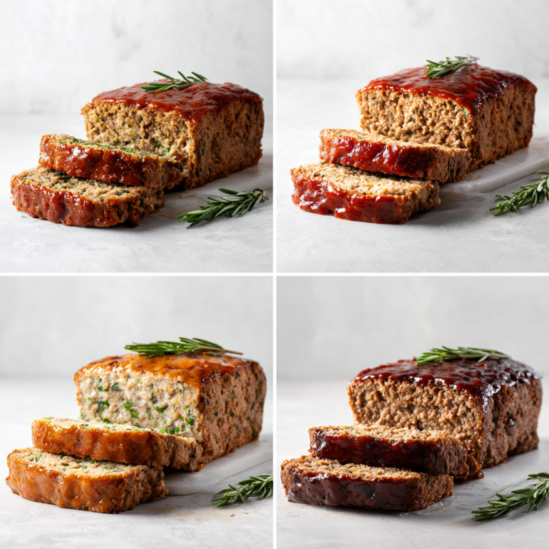 Four air fryer meatloaf variations including Italian, BBQ, and turkey versions