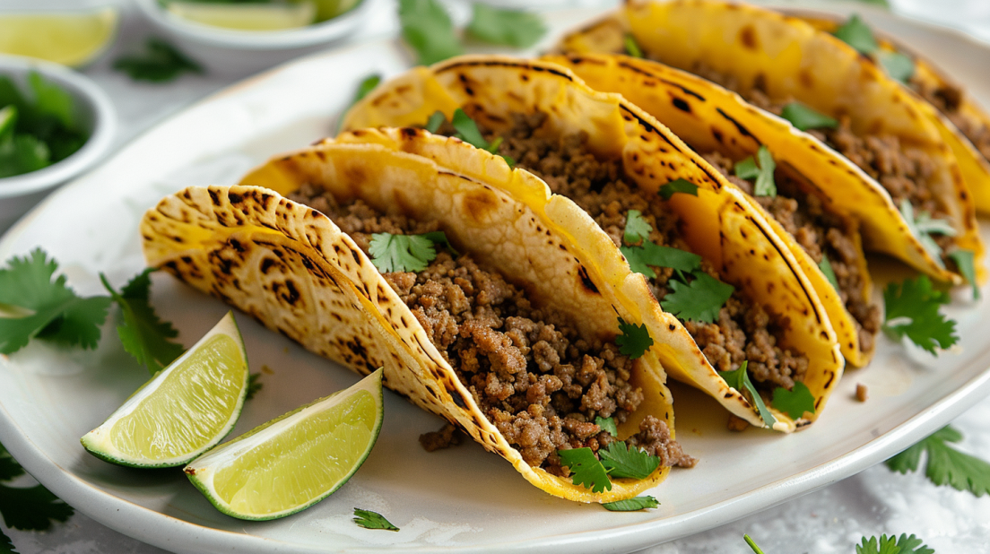 Golden crispy air fryer mini tacos on serving platter with ground beef filling and fresh garnishes