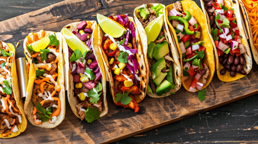 Multiple flavor variations of air fryer mini tacos including beef, chicken, and vegetarian options