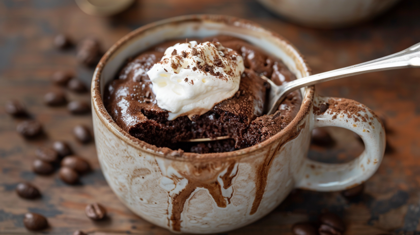 Rich air fryer mocha mug cake with chocolate-coffee flavor and creamy whipped cream topping