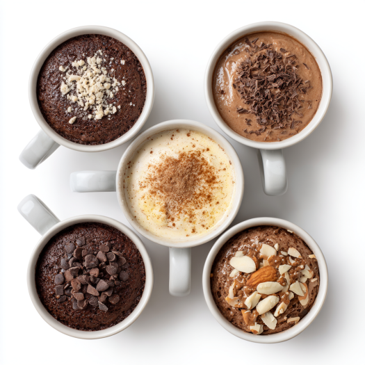 Five flavor variations of air fryer mocha mug cake including spiced and nutty options
