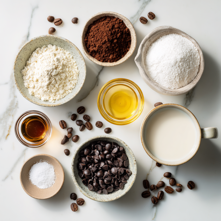 Complete ingredient layout for air fryer mocha mug cake including coffee, cocoa, and chocolate chips