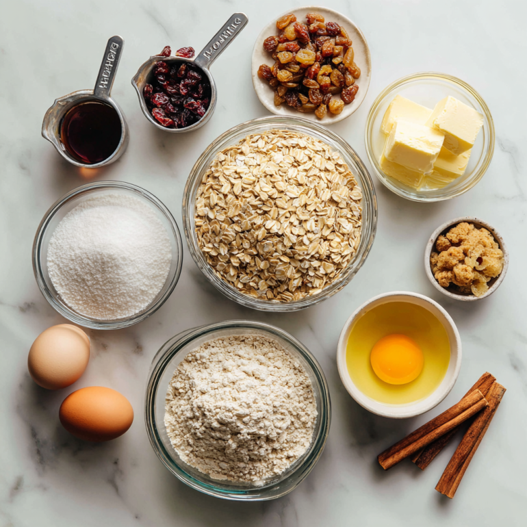 Complete ingredient layout for air fryer oatmeal raisin cookies featuring old-fashioned oats and pantry staples