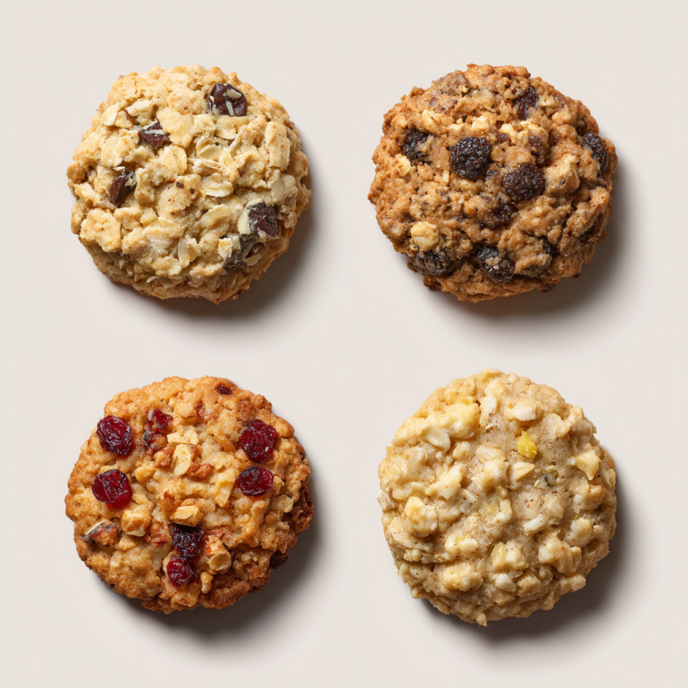 Four variations of air fryer oatmeal cookies including chocolate chip and cranberry walnut versions