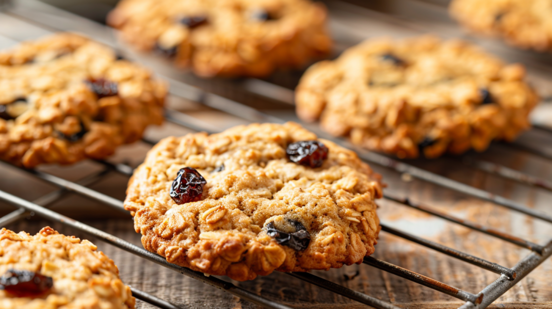 Golden air fryer oatmeal raisin cookies showing crispy edges and chewy centers with visible oats