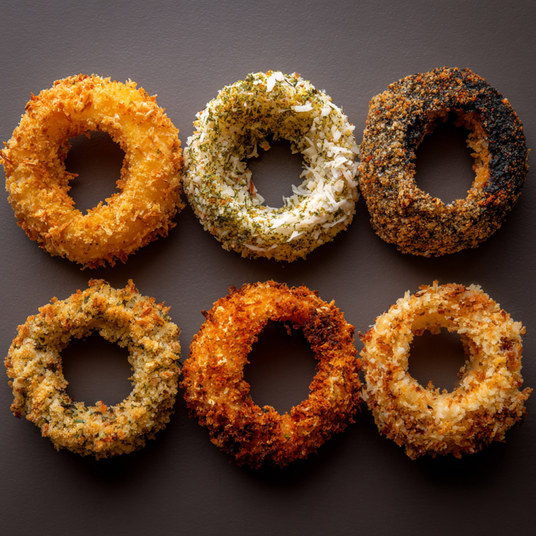 Five coating variations for air fryer onion rings including parmesan herb and cajun styles