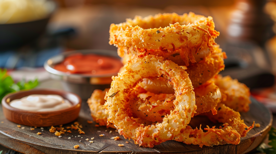 Golden crispy air fryer onion rings with perfect breading and tender sweet onion interior