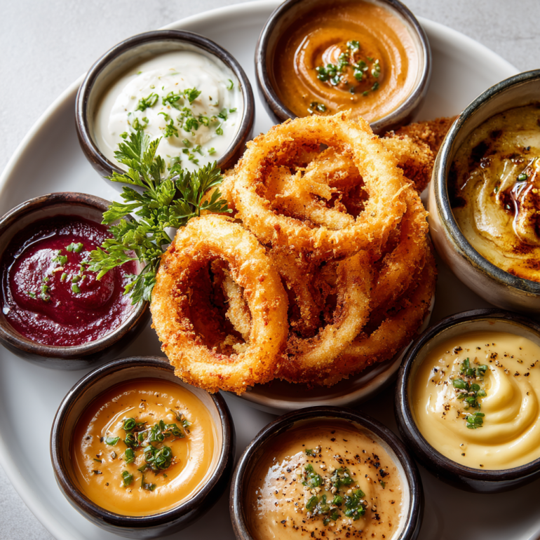 Air fryer onion rings served with variety of dipping sauces including ranch and spicy mayo