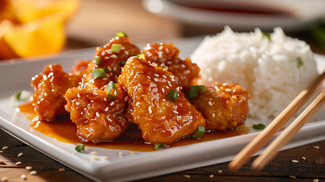 Crispy air fryer orange chicken with sweet-tangy sauce served over rice with sesame seeds and green onions