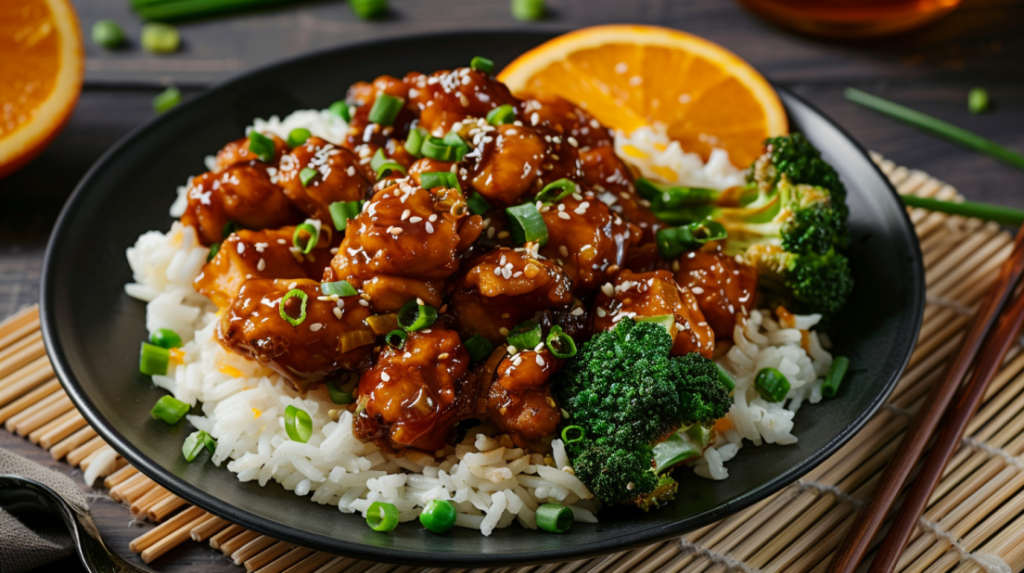 Restaurant-style plated air fryer orange chicken with rice, broccoli, and garnishes on elegant black plate
