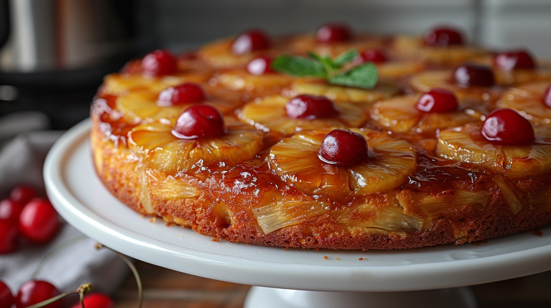 Beautiful air fryer pineapple upside-down cake with caramelized pineapple rings and cherries on white cake stand