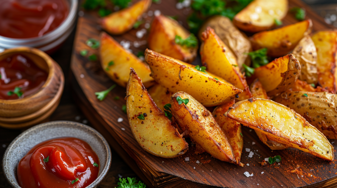 Golden crispy air fryer potato wedges with fluffy interior and perfect seasoning coating