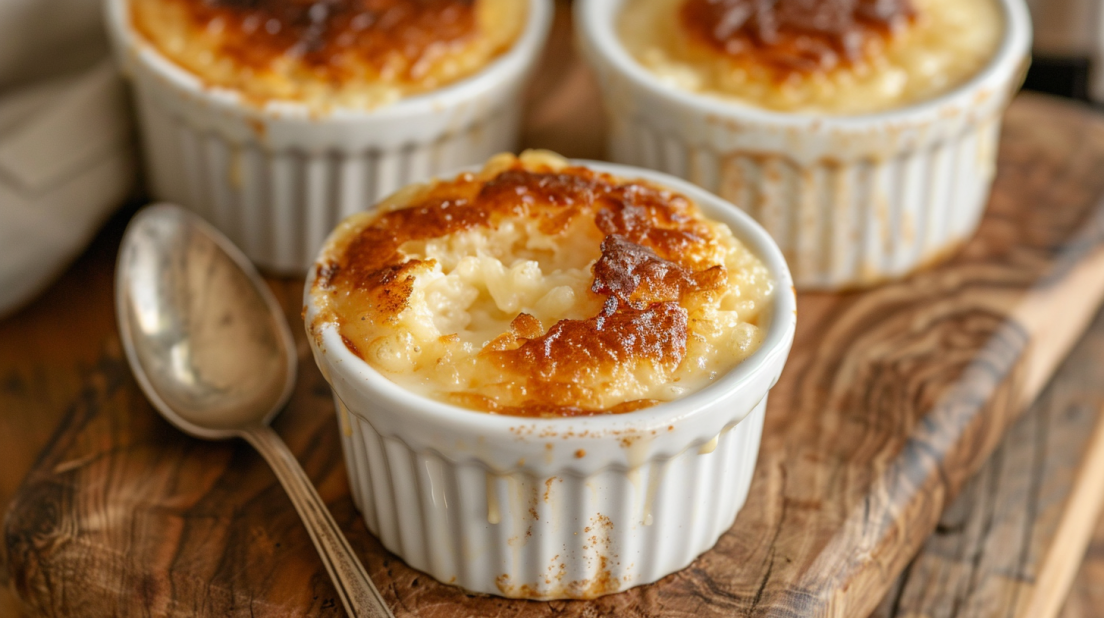 Golden air fryer rice pudding cups in ramekins showing creamy texture and caramelized tops