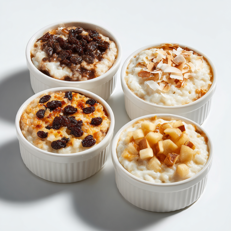 Four flavor variations of air fryer rice pudding cups including chocolate and coconut versions