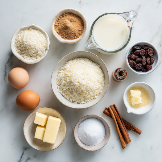 Complete ingredient layout for air fryer rice pudding cups including leftover rice and custard base