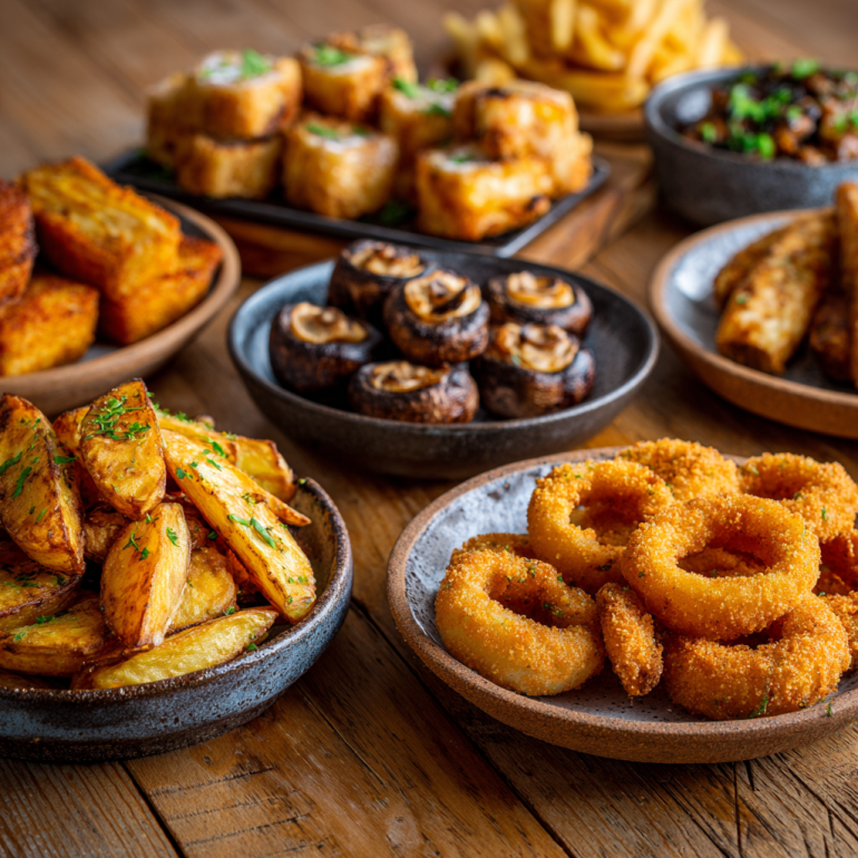 Delicious spread of crispy air fryer snacks including potato wedges, mozzarella sticks, and onion rings on wooden serving boards