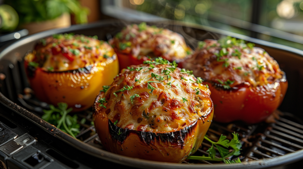 Stuffed peppers cooking in air fryer basket with melting cheese and steam visible during cooking process