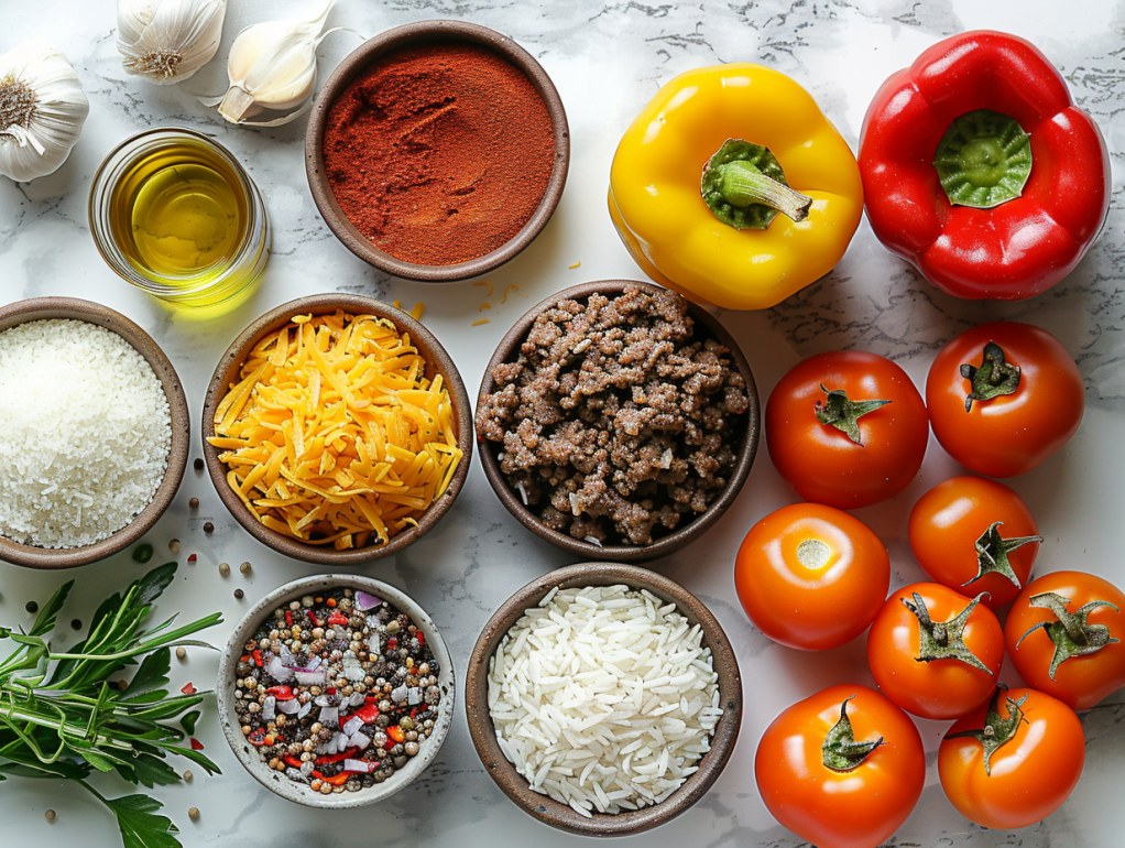 All ingredients needed for air fryer stuffed peppers recipe laid out including bell peppers, ground beef, rice, and seasonings