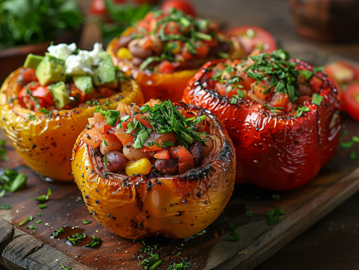 Different variations of air fryer stuffed peppers including vegetarian, Mexican, and Mediterranean styles