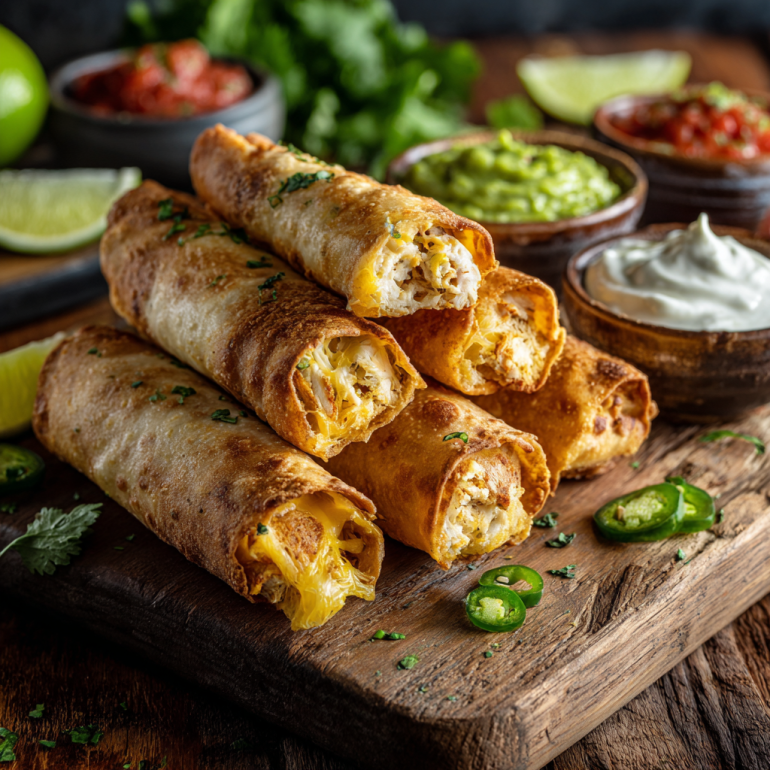 Golden crispy air fryer taquitos on wooden board with Mexican salsas and garnishes