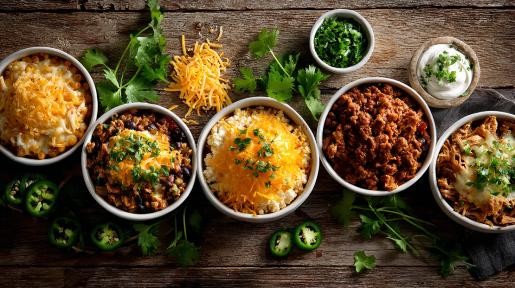 Five different filling options for air fryer taquitos including chicken, beef, cheese, and carnitas