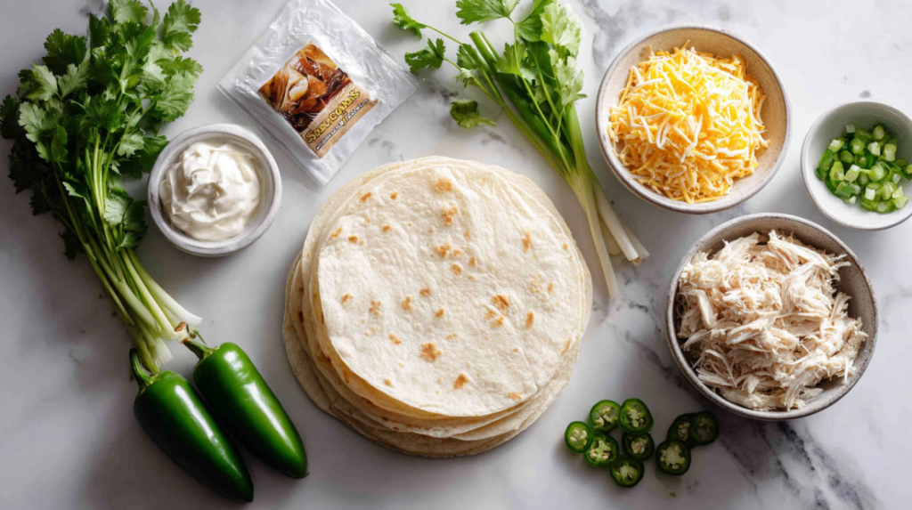 Air fryer taquitos ingredients including corn tortillas, shredded chicken, cheese, and seasonings