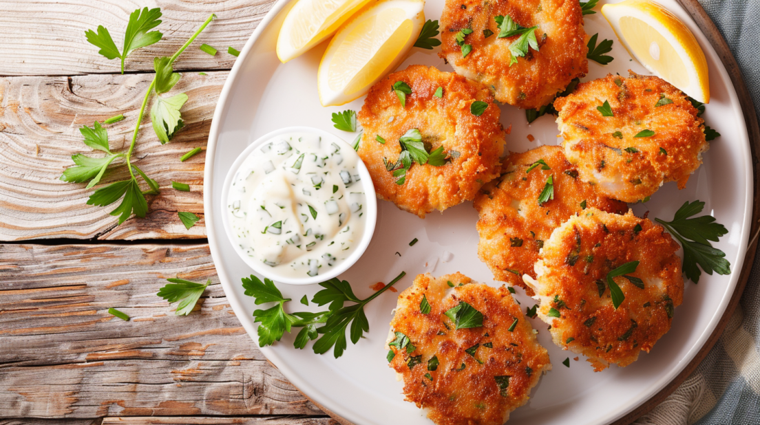 Golden crispy air fryer tuna patties on plate with tartar sauce and lemon wedges showing perfect texture