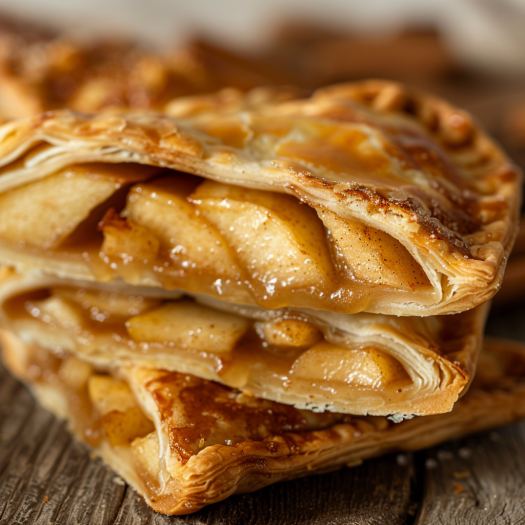 Apple hand pie cut in half showing flaky golden crust layers and warm cinnamon apple filling with visible apple pieces
