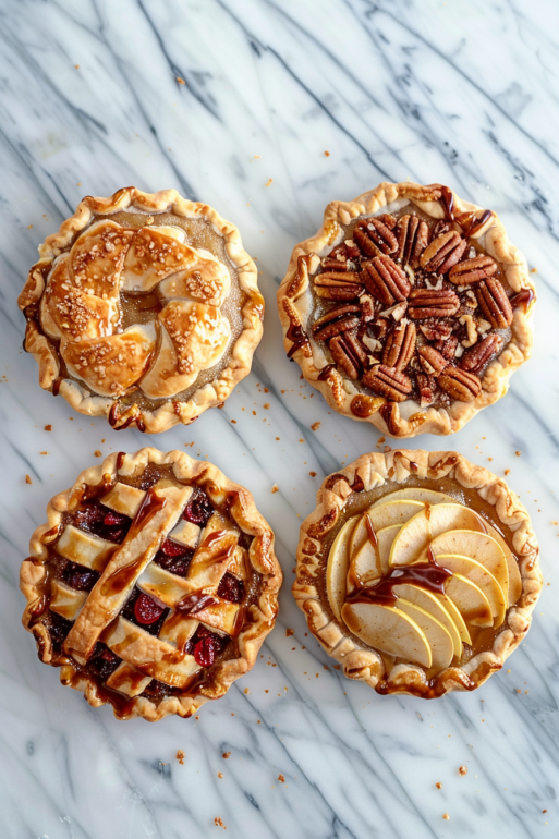 Four apple hand pie variations showing classic autumn, cranberry harvest, maple pecan, and caramel apple styles on marble surface
