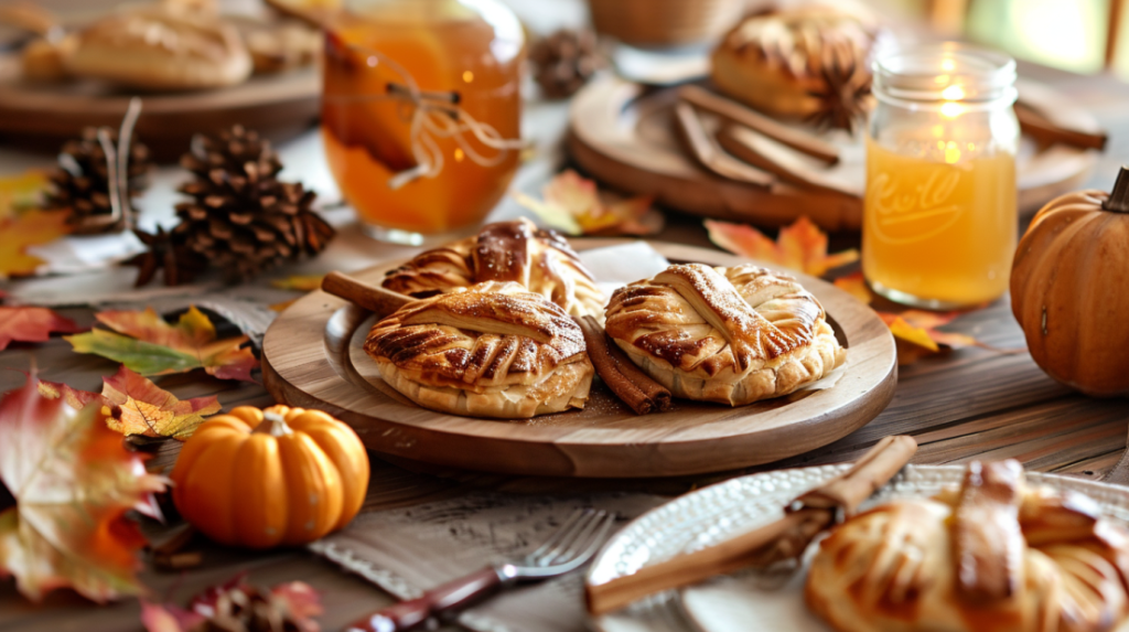 Apple hand pies served on rustic plates with autumn styling including fall leaves, pumpkins, and warm apple cider