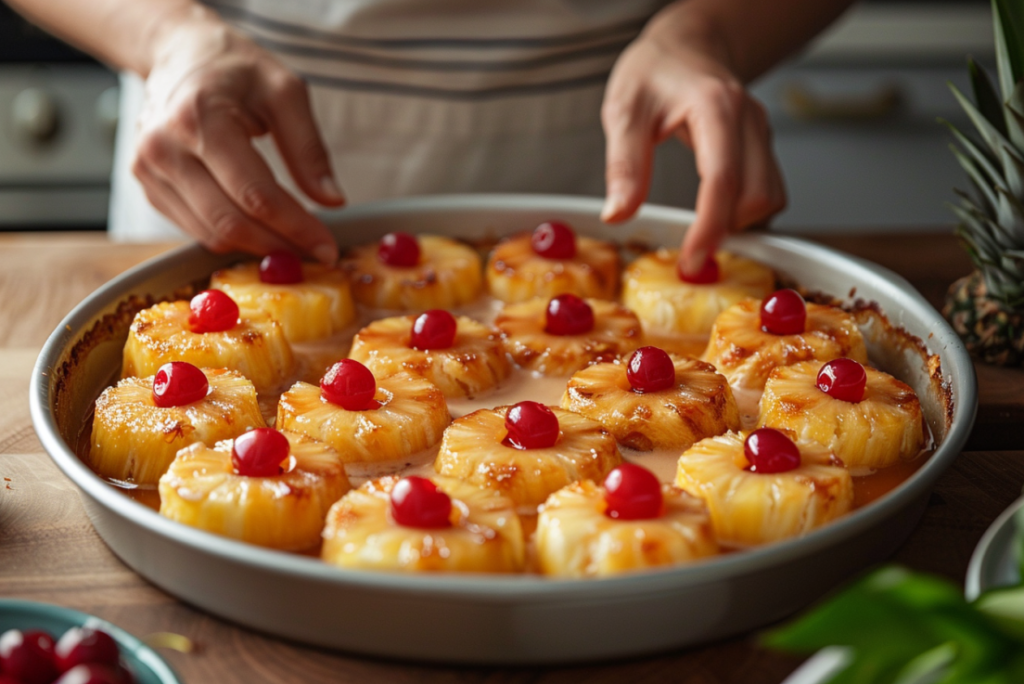 Hands arranging pineapple rings over brown sugar and butter mixture in cake pan for air fryer upside-down cake