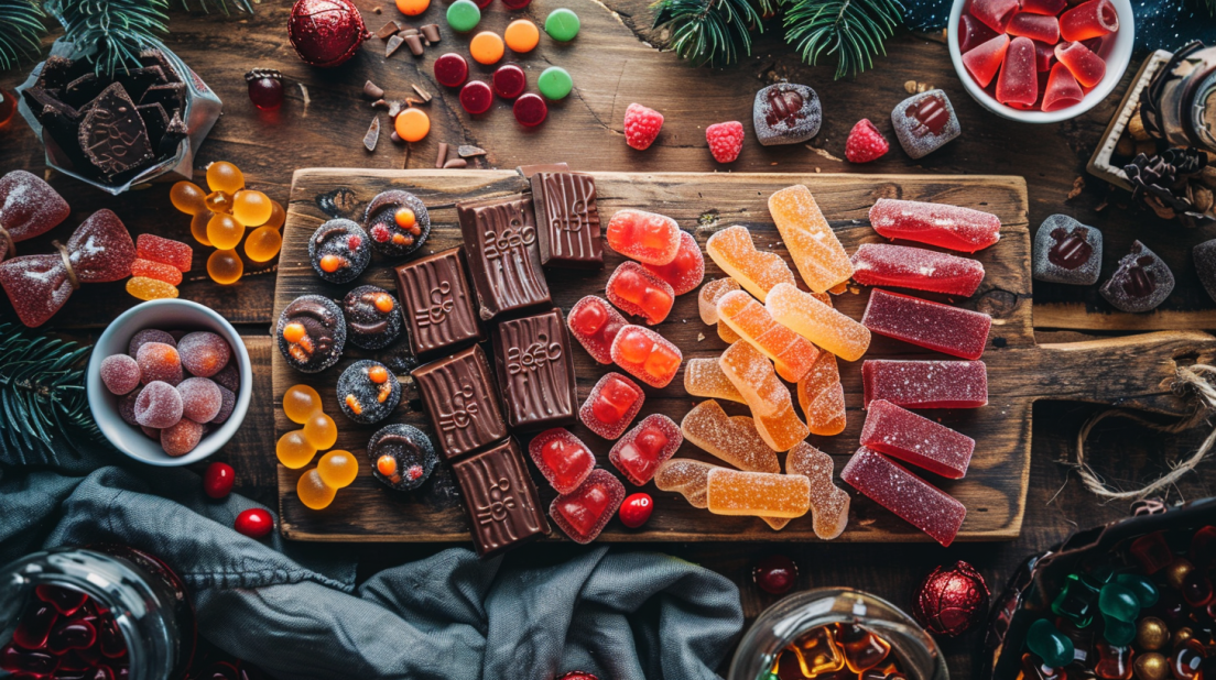 Authentic Swedish candy collection including Ahlgrens Bilar cars, Swedish fish, and Marabou chocolate arranged on wooden board for family tasting guide