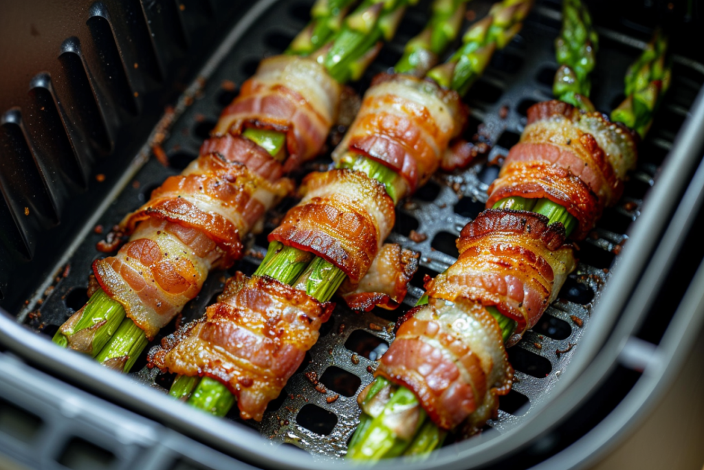 Bacon wrapped asparagus bundles cooking in air fryer basket showing golden browning and proper spacing