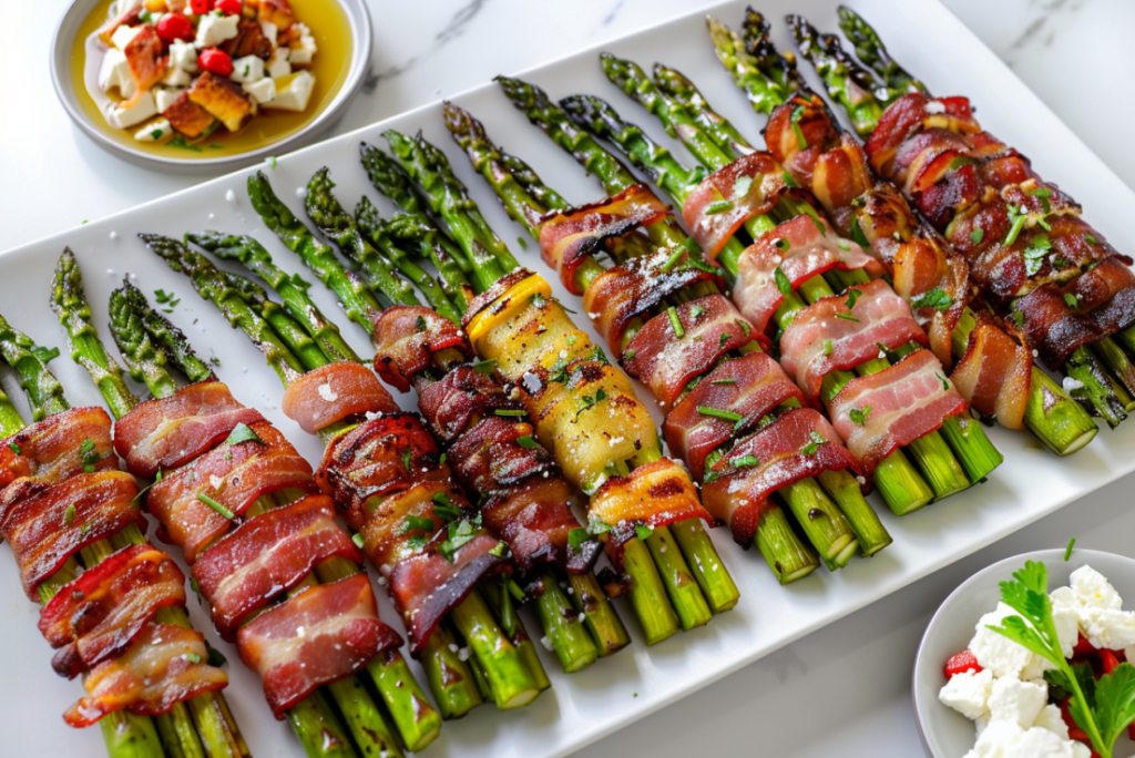 Multiple flavor variations of bacon wrapped asparagus including classic, sweet, Mediterranean, and spicy options