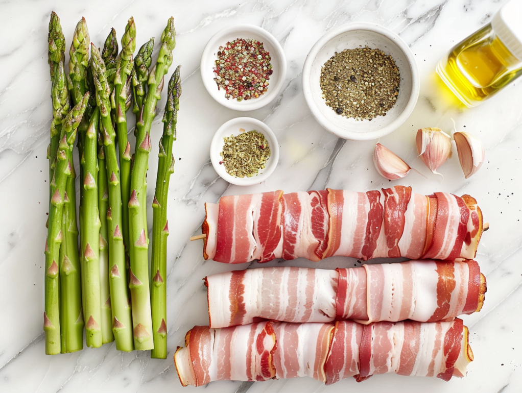 Fresh asparagus spears, thin-cut bacon, and seasonings laid out for air fryer bacon wrapped asparagus recipe
