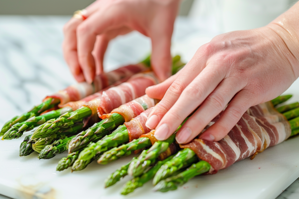 Hands demonstrating proper spiral bacon wrapping technique around asparagus spears for air fryer cooking