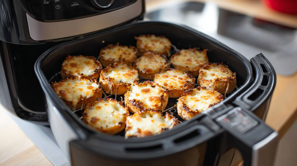 Bagel bites cooking in air fryer basket at 350 degrees showing melted cheese and golden bagel edges