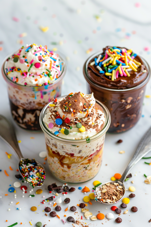 Three birthday cake overnight oats variations showing funfetti, strawberry, and chocolate versions with colorful toppings