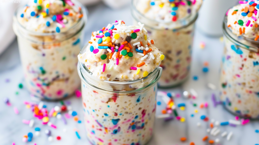 Birthday cake overnight oats in glass jars with rainbow sprinkles and creamy texture trending on Pinterest
